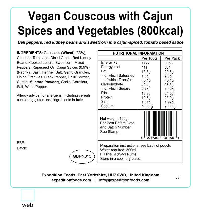Expedition Foods Vegan Couscous with Cajun Spices and Veg 800kcal-2